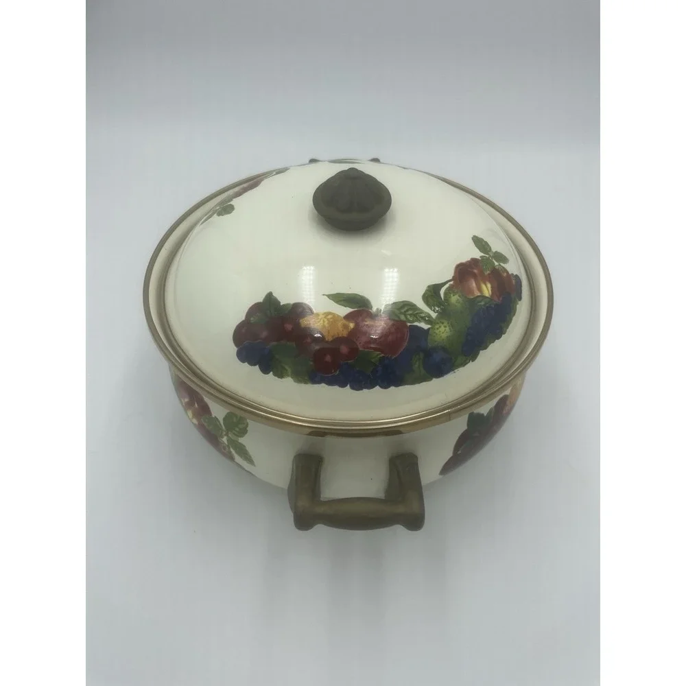 Vtg Lincoware Enamelware 1.5 Qt Dutch Oven Pot‎ Casserole Orchard Royale W/Lid